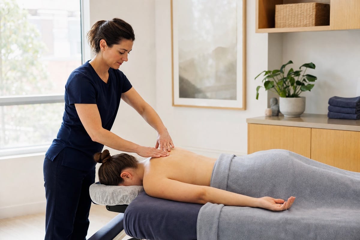 Therapist applying gentle pressure to a patient’s upper back during remedial massage