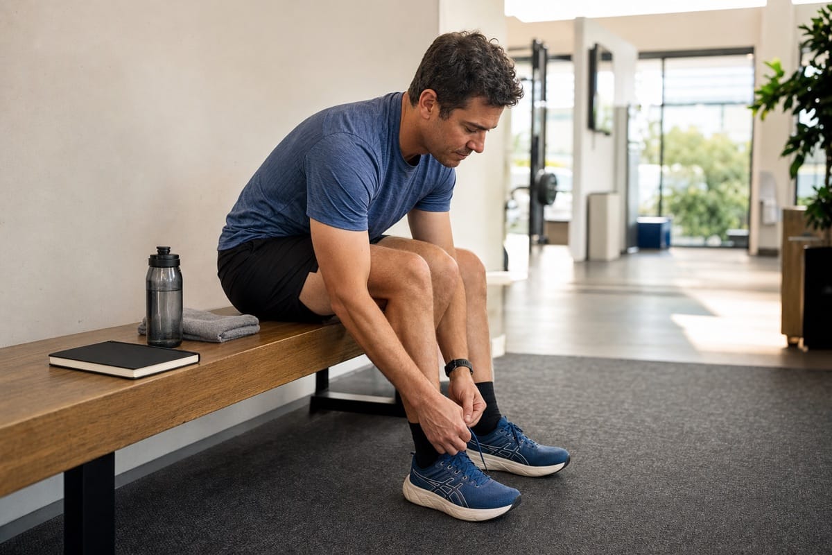 Recreational runner tying his shoes beside a notebook, water bottle and towel in a bright gym
