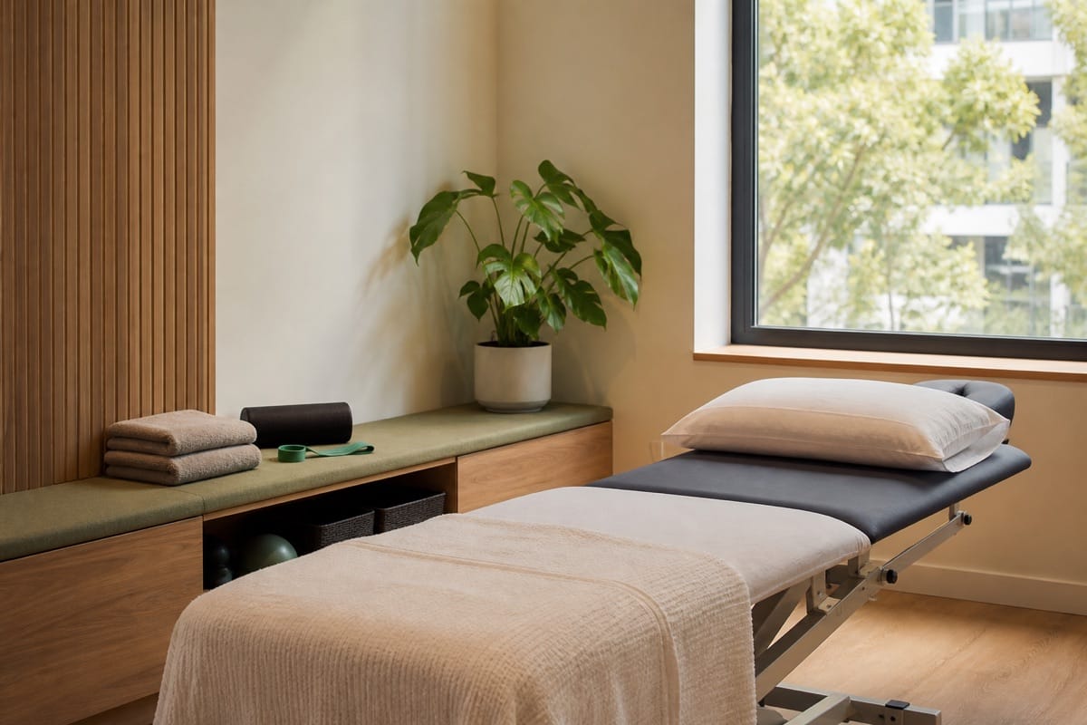 Prepared allied health treatment room with a treatment table, folded towels and simple exercise equipment