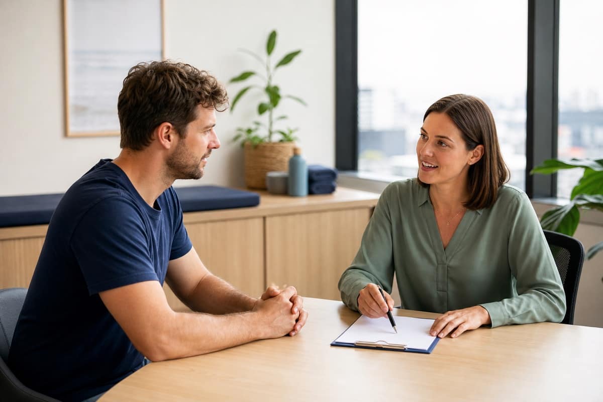 Patient and allied-health practitioner discussing an activity plan at a clinic desk