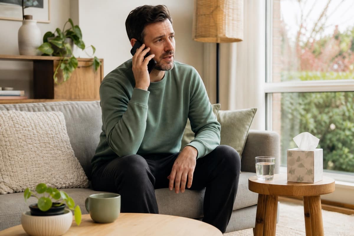Man at home phoning a clinic beside a glass of water and tissue box