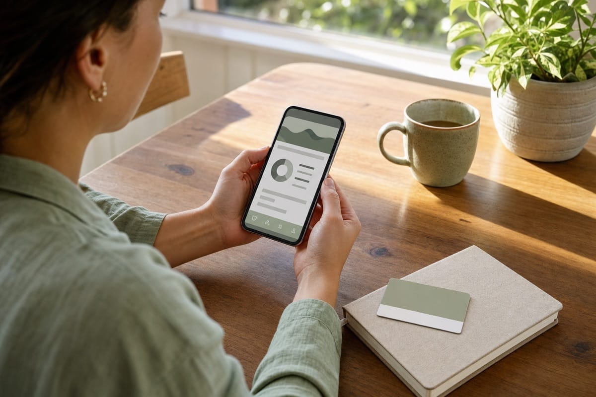 Person checking extras cover on a smartphone beside an unbranded health card