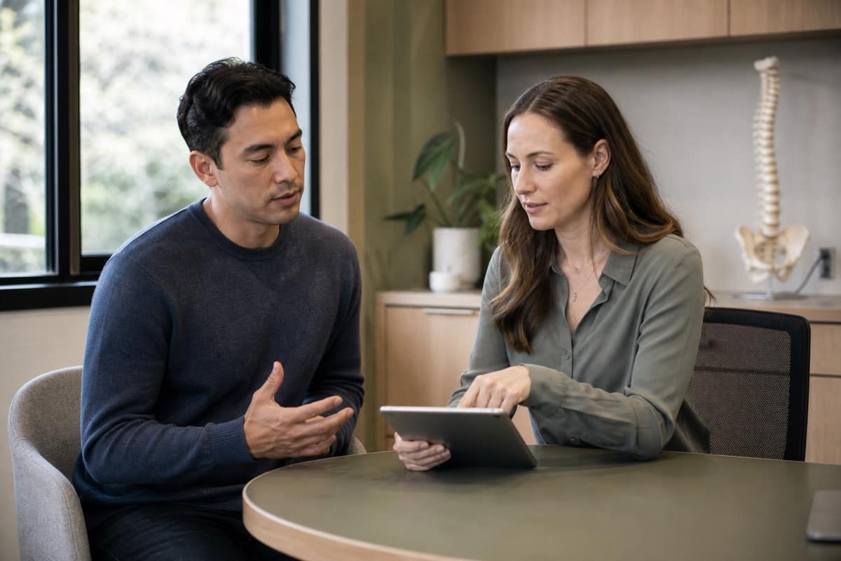 Patient discussing an appointment cost estimate with an allied health practitioner in a consultation room