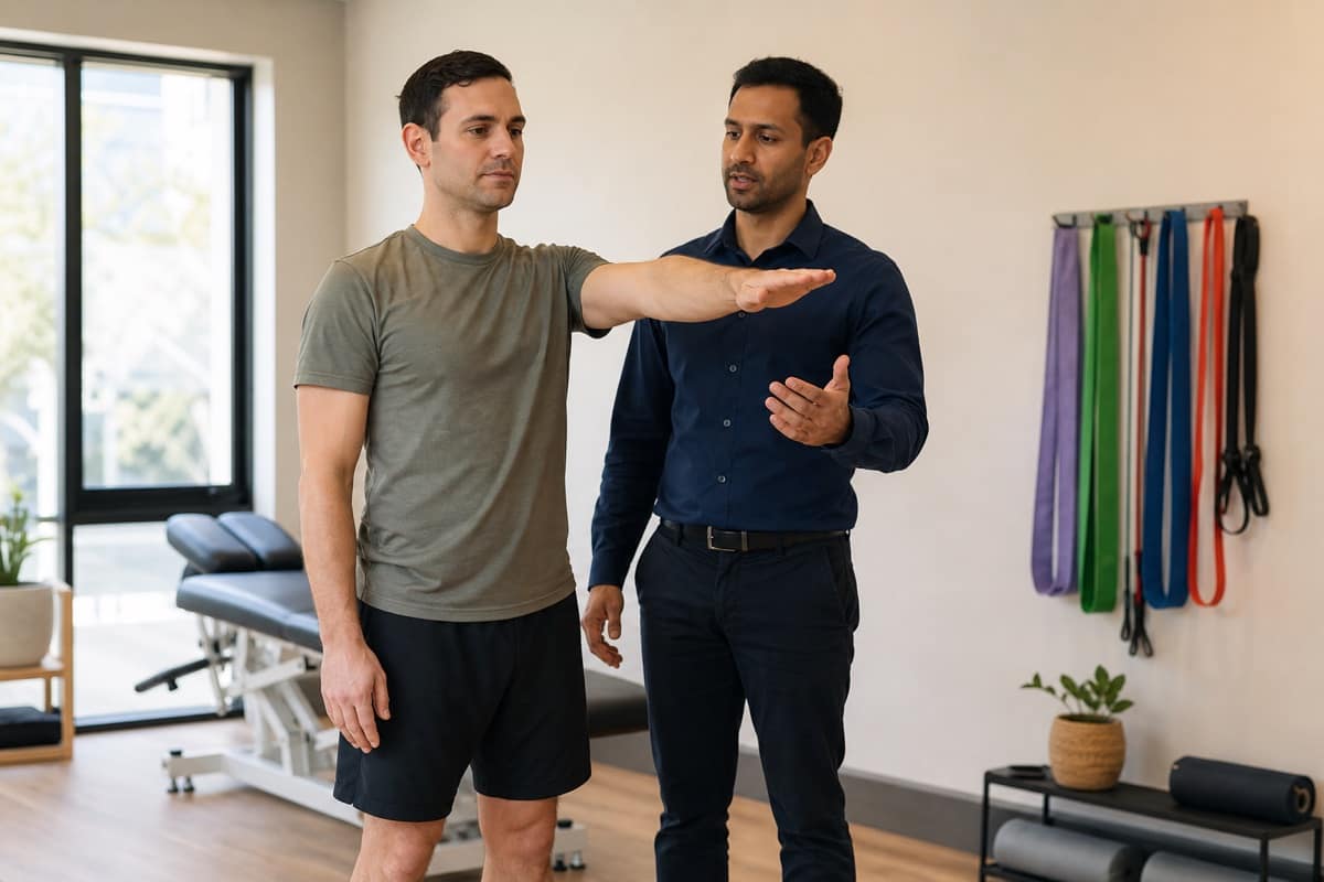 Chiropractor guiding a patient through a comfortable shoulder movement exercise