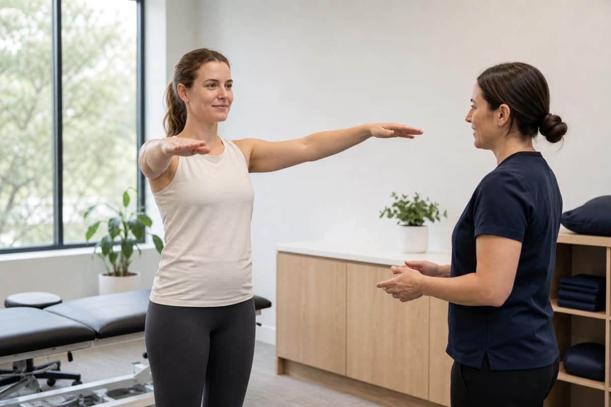 Patient raising both arms during a comfortable movement check while a clinician observes