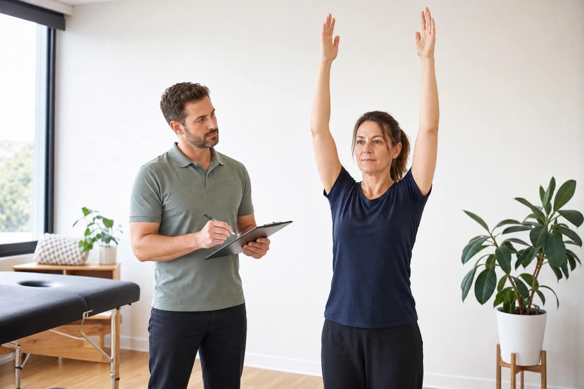 Clinician observing a patient raise both arms during a comfortable movement assessment
