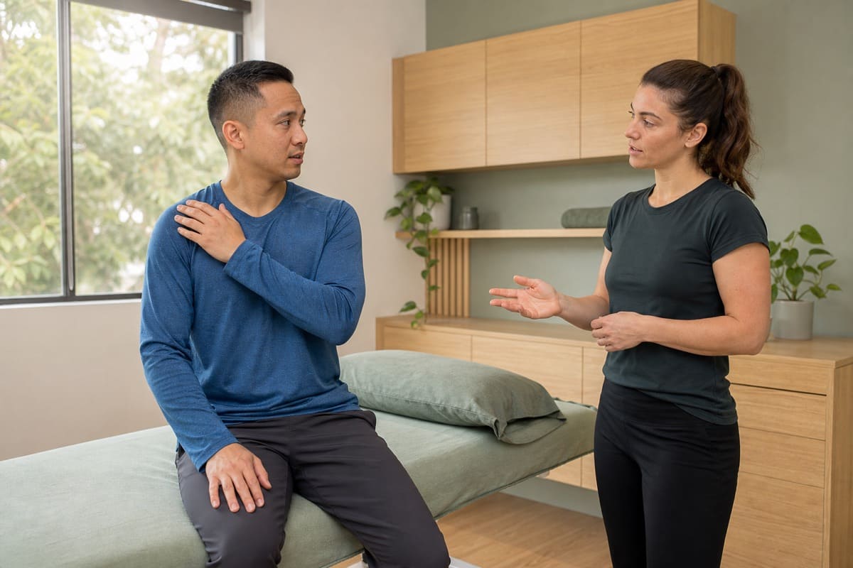 Patient pointing to his shoulder while discussing comfortable treatment pressure with a therapist