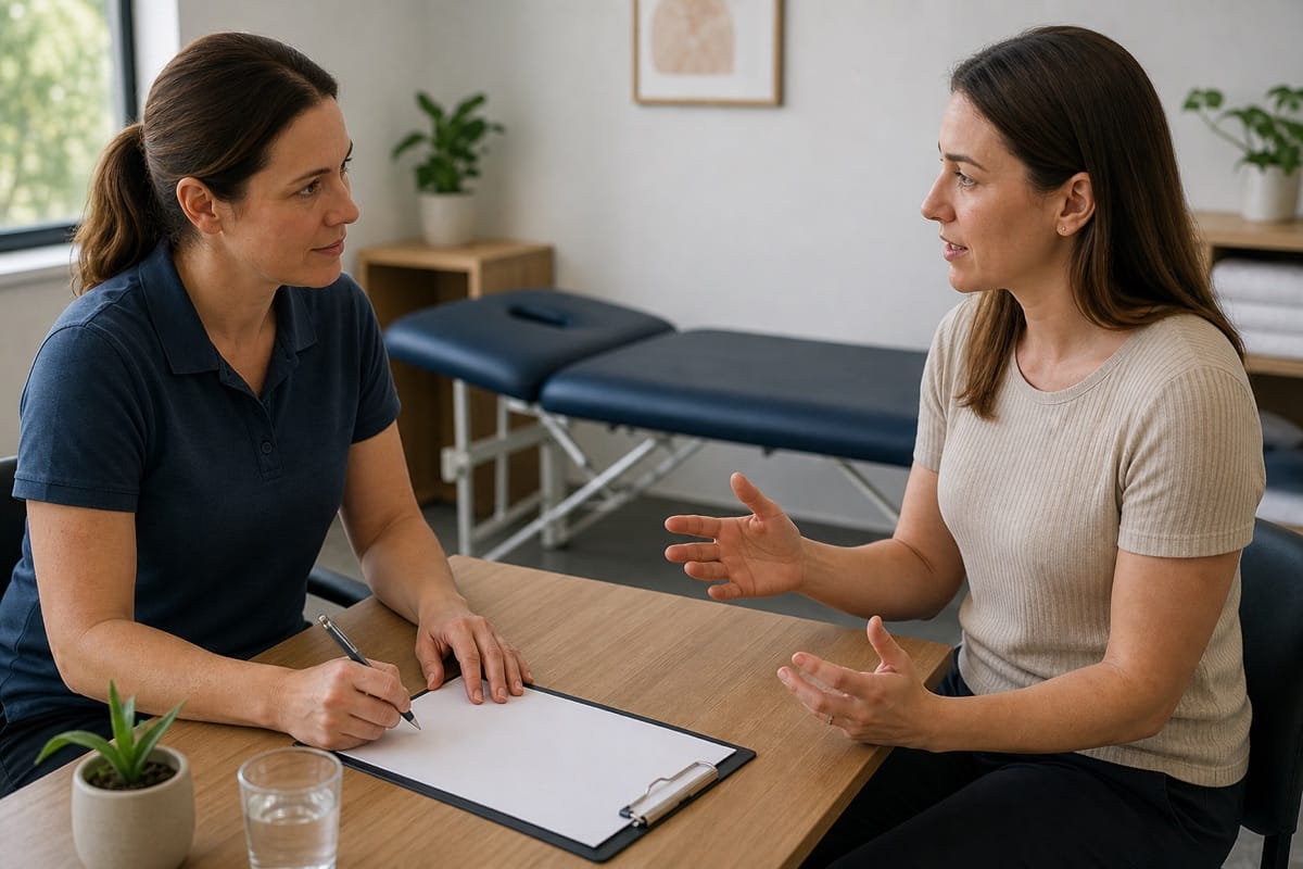 Patient and remedial massage therapist discussing health history beside a treatment table
