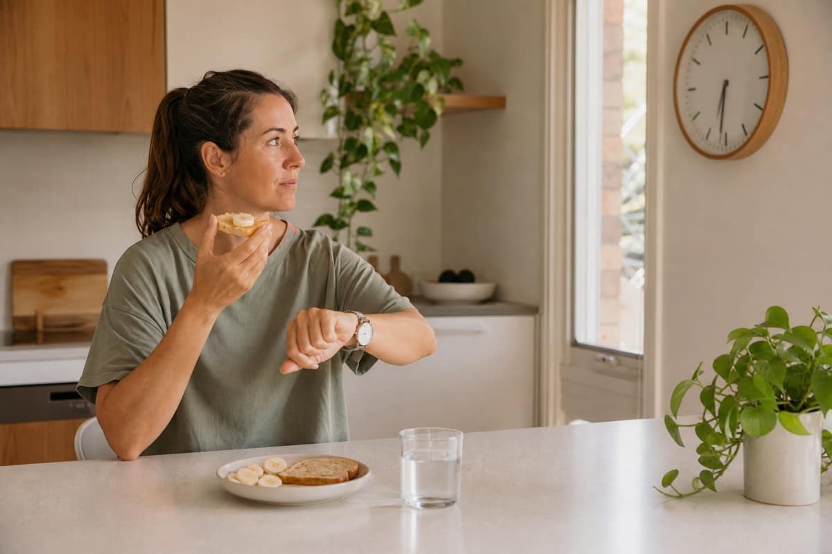 Woman eating banana and toast with a glass of water before leaving home