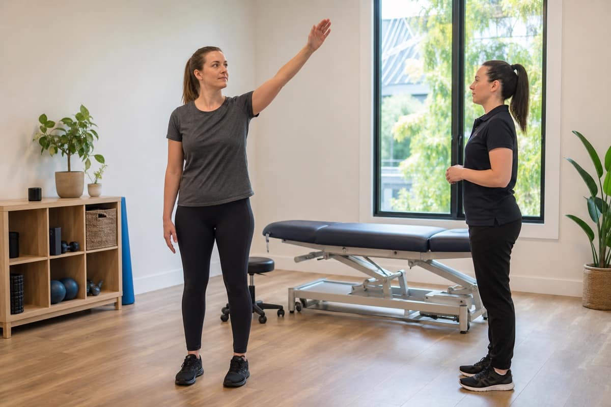 Patient raising one arm while a myotherapist observes her shoulder movement in a bright treatment room