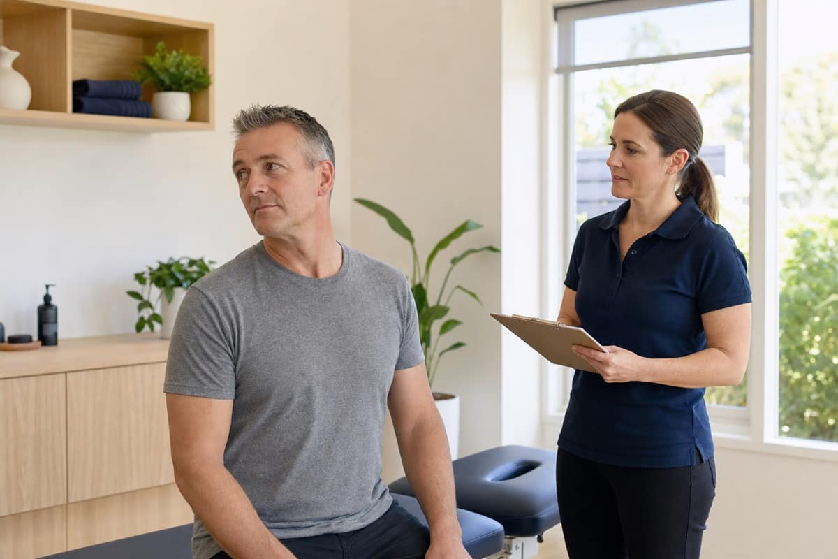 Patient gently turning his head while a chiropractor observes his neck movement