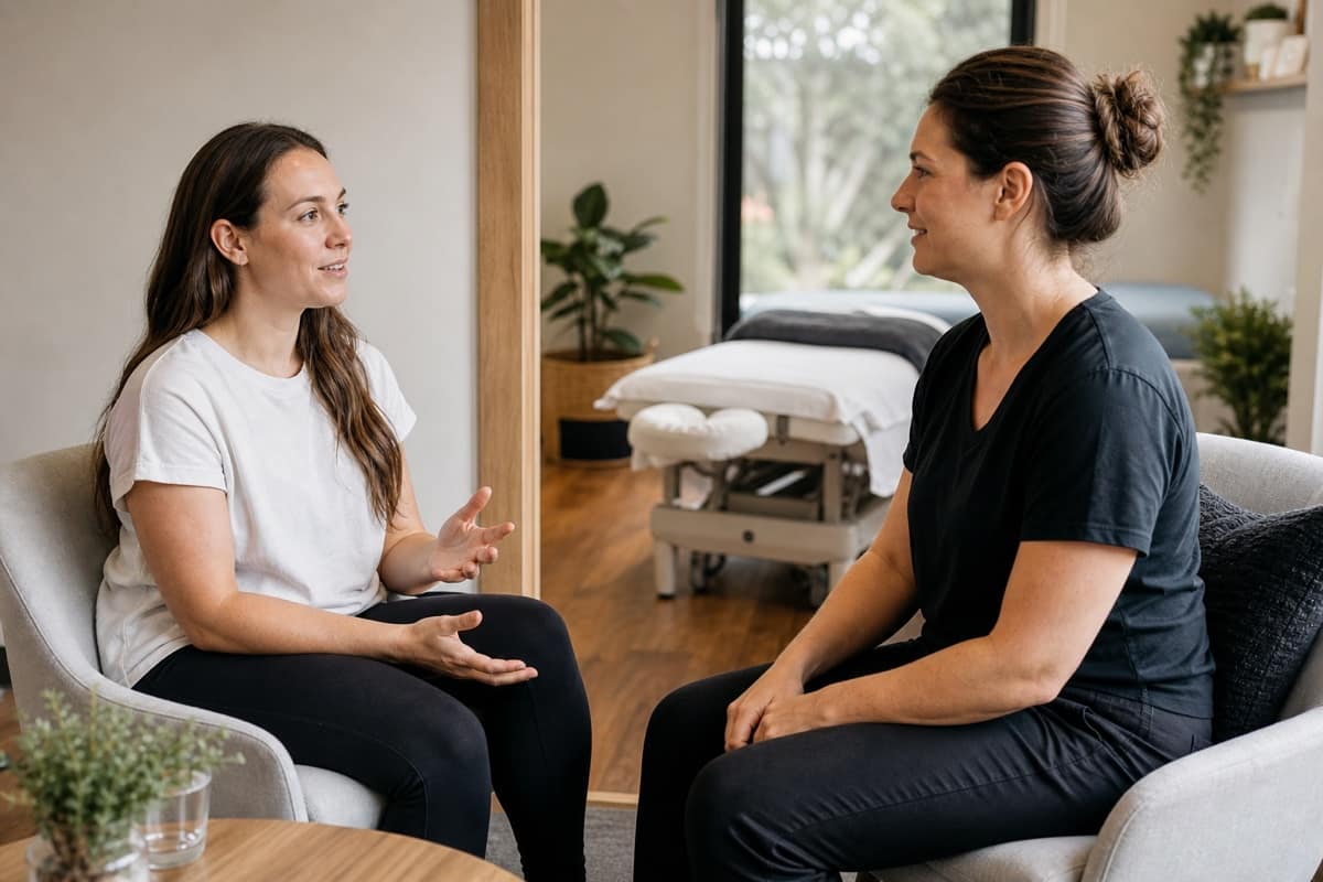 A seated patient discussing massage preferences with a therapist before treatment in a modern clinic