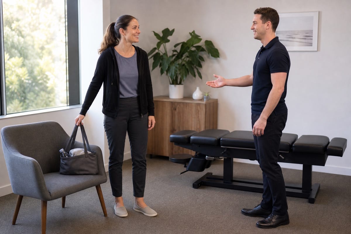 Patient in a black hoodie and flexible trousers arriving with a small bag as a chiropractor welcomes her