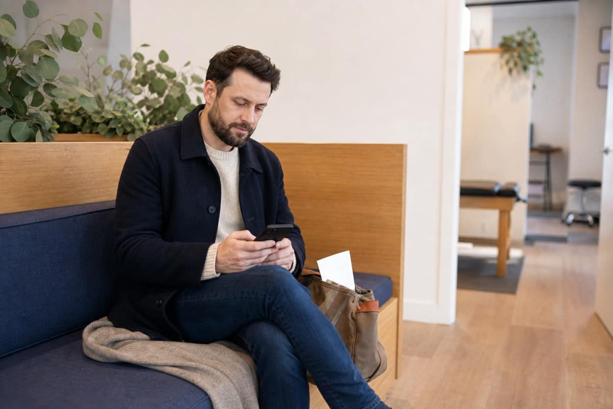 Man checking appointment notes on his phone in an allied-health clinic waiting area