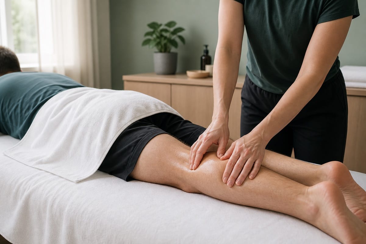 A therapist applying massage to the calf of a recreational runner lying on a treatment table