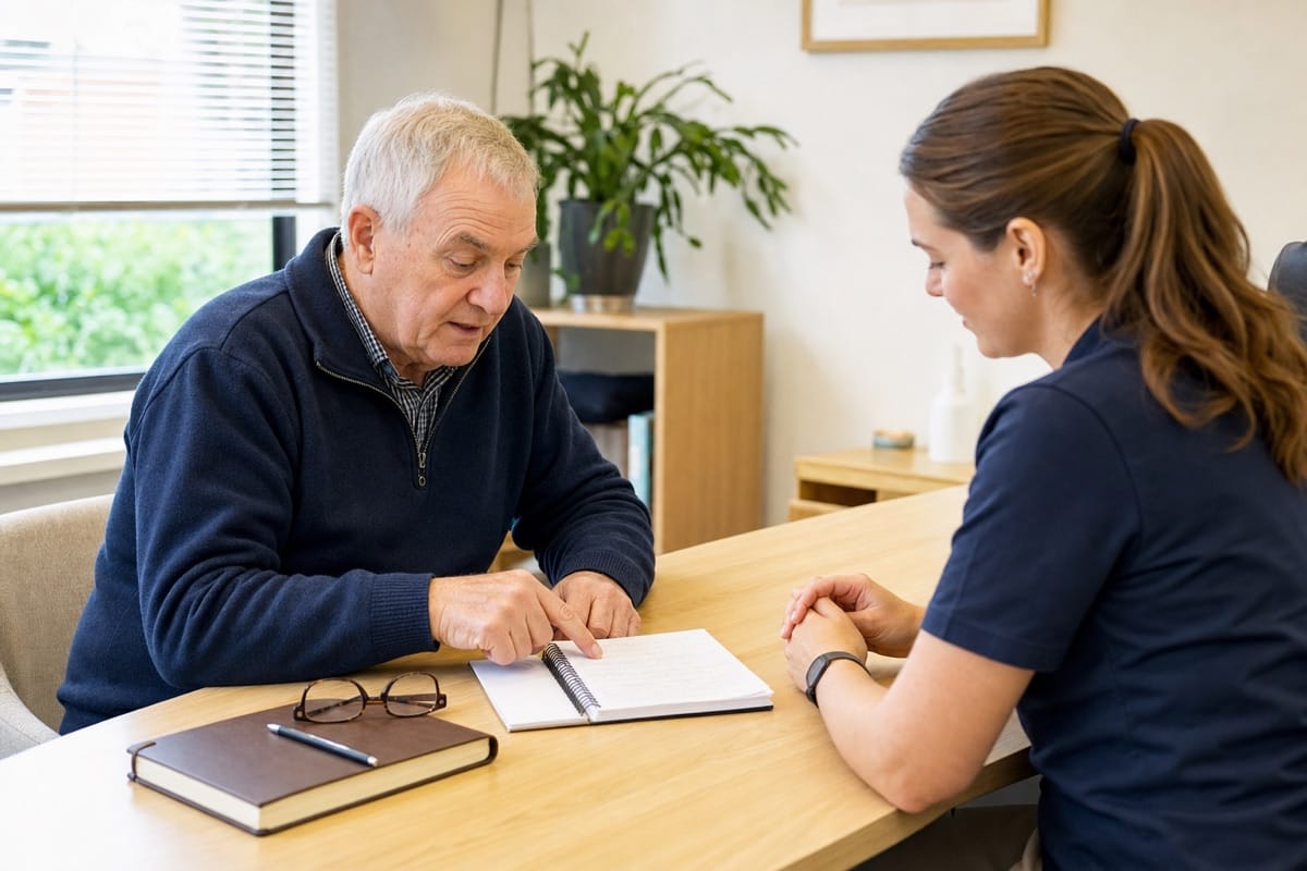 Older man showing handwritten health notes to a practitioner across a clinic desk