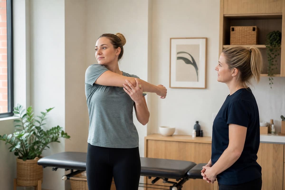 Client gently moving her shoulder while a massage therapist observes in a treatment room