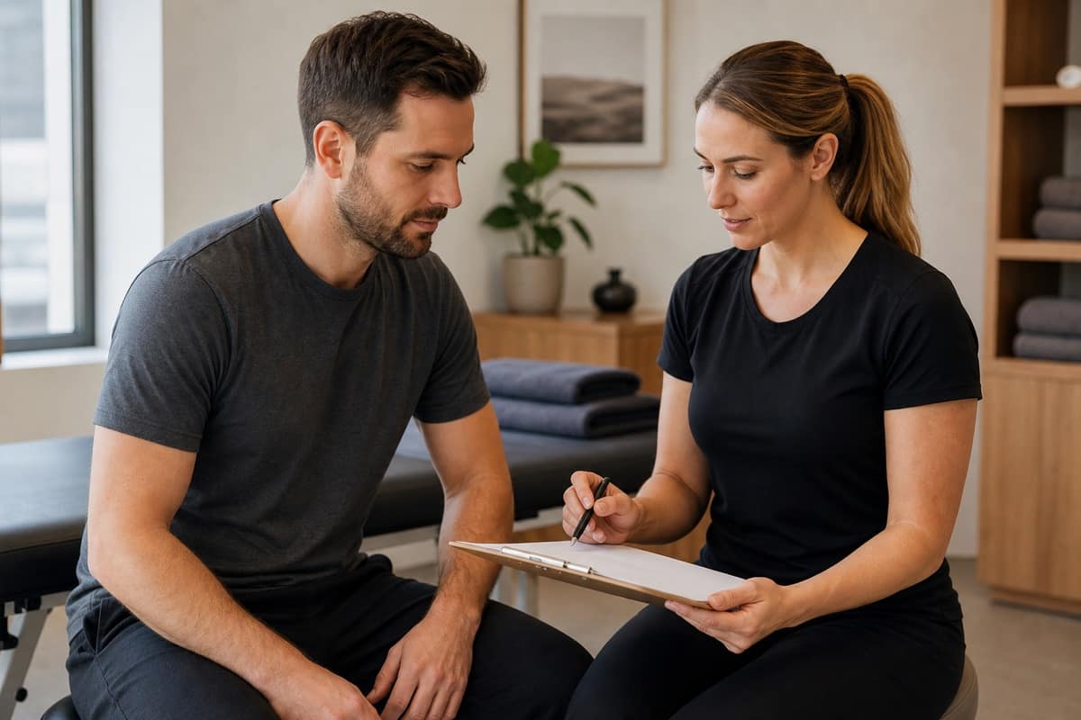 Remedial massage therapist reviewing a blank intake form with a seated patient