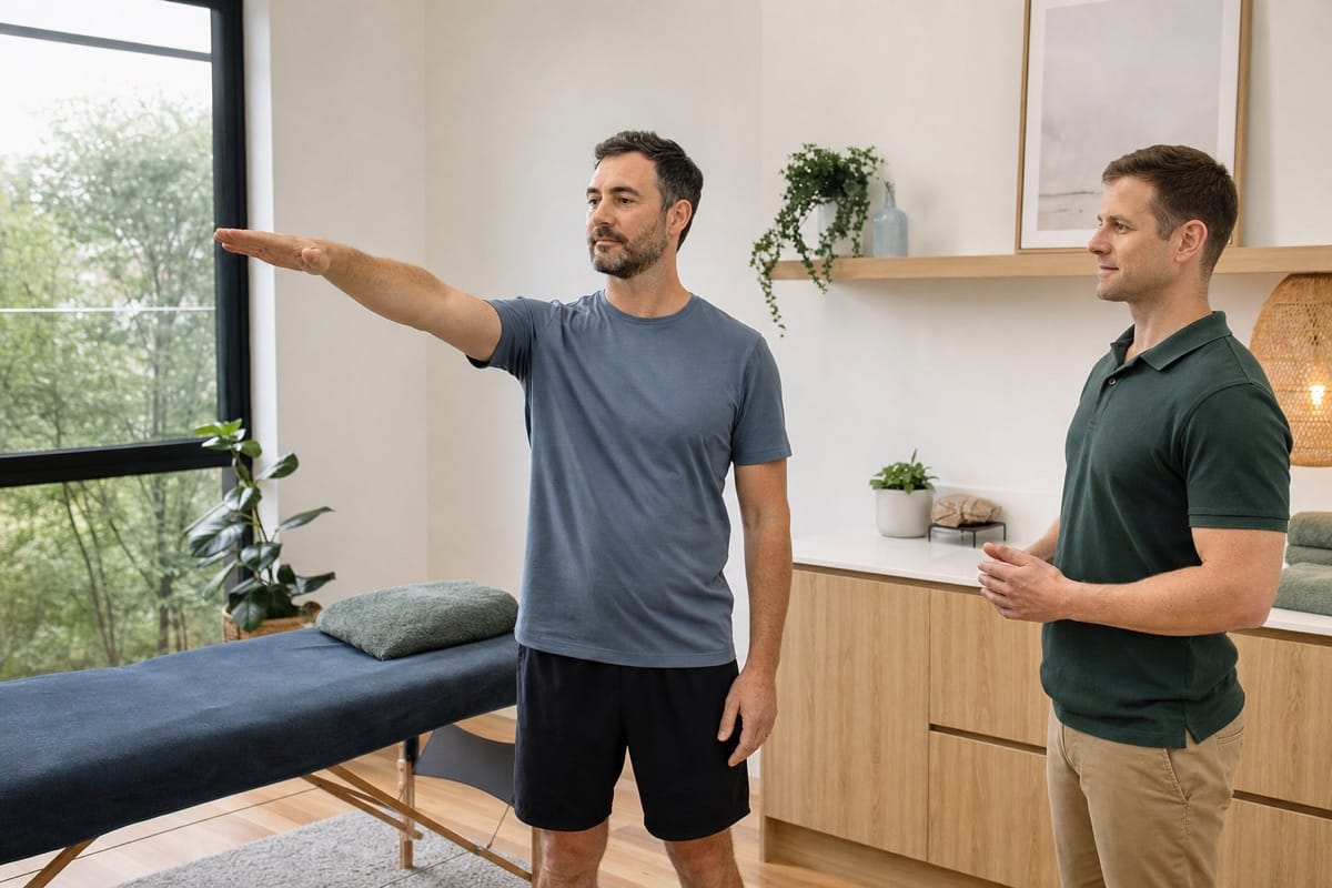 Therapist observing a client's comfortable shoulder movement before a remedial massage session