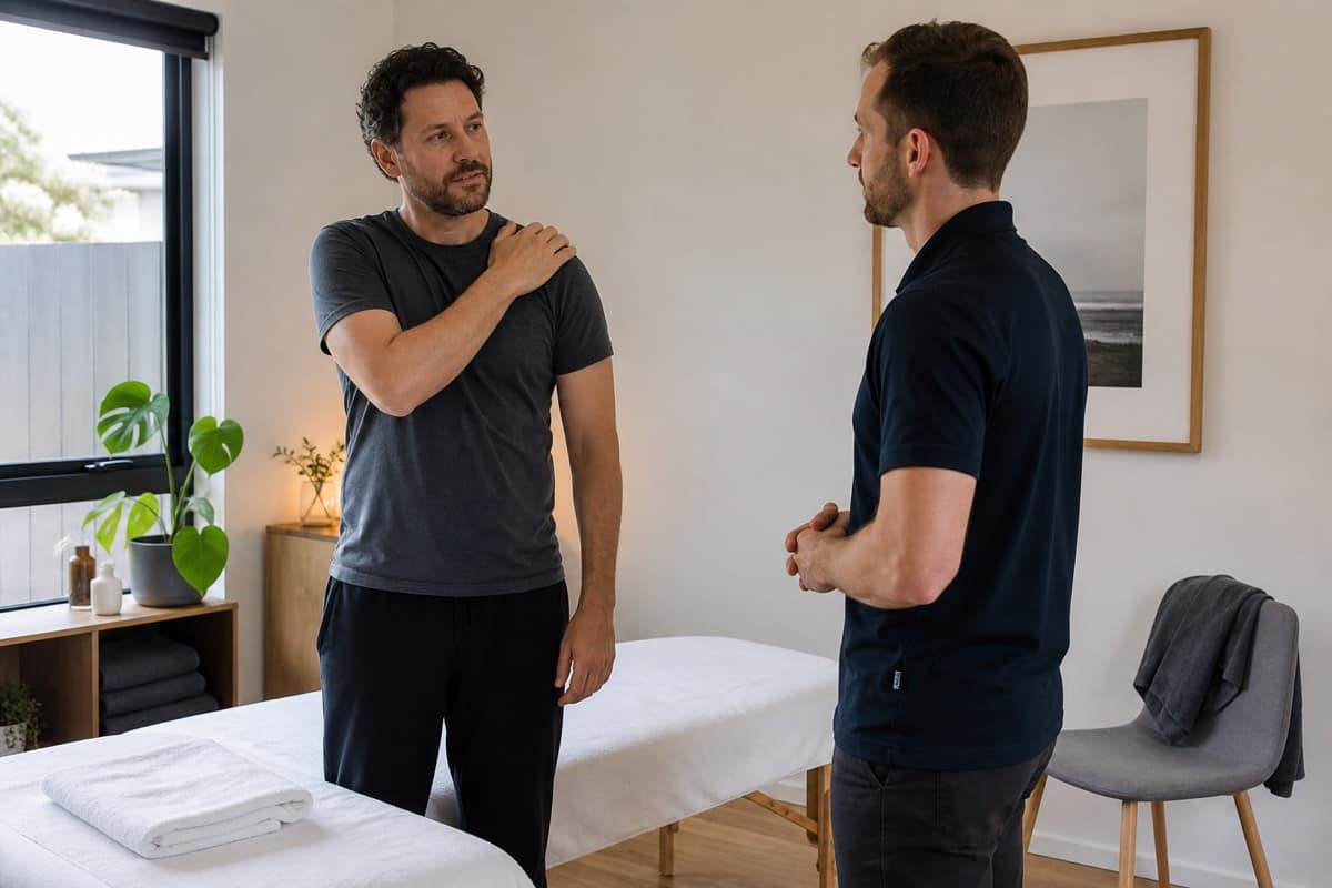 Fully clothed client indicating his shoulder while a massage therapist listens