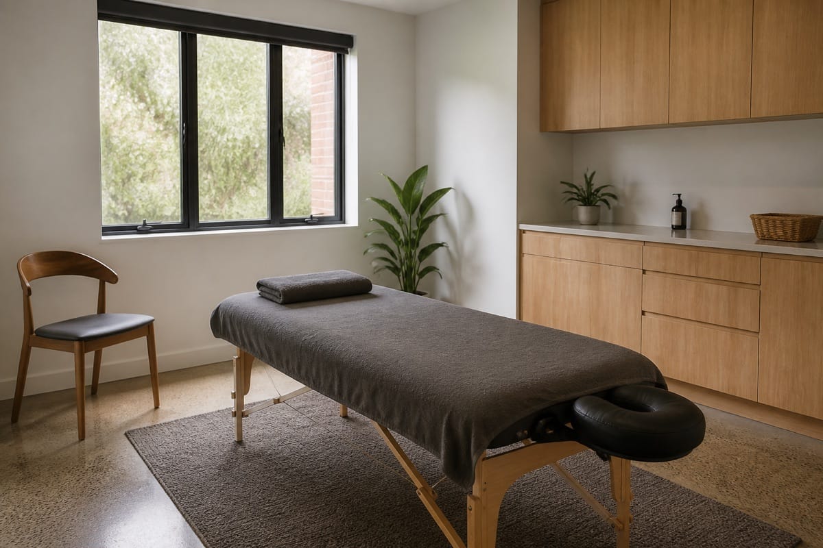 Sunlit remedial massage treatment room with a neatly prepared table, folded towels and a chair