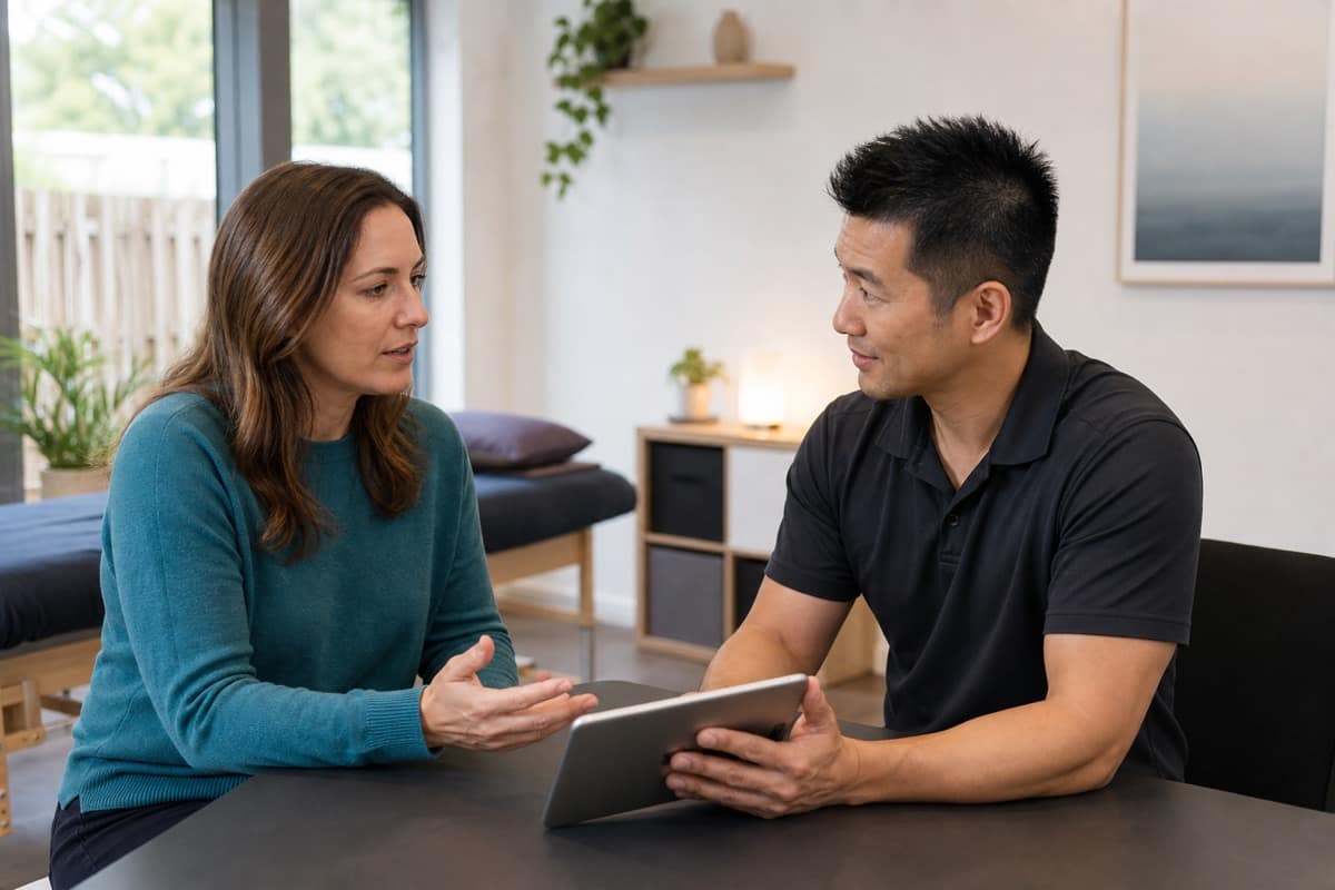 Patient discussing travel-related muscle stiffness with a remedial massage therapist in a clinic