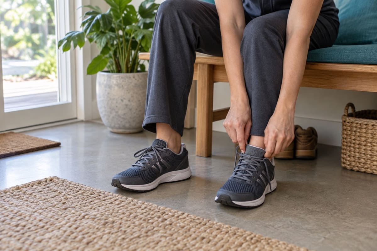 An adult seated on a timber bench adjusts a grey walking shoe beside a window.