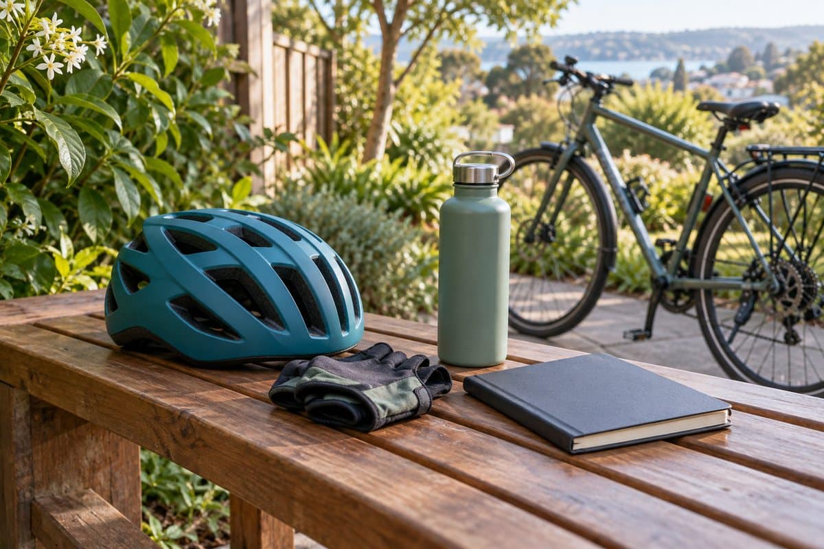 A teal cycling helmet, gloves, water bottle and closed notebook on a timber bench, with a bicycle behind.