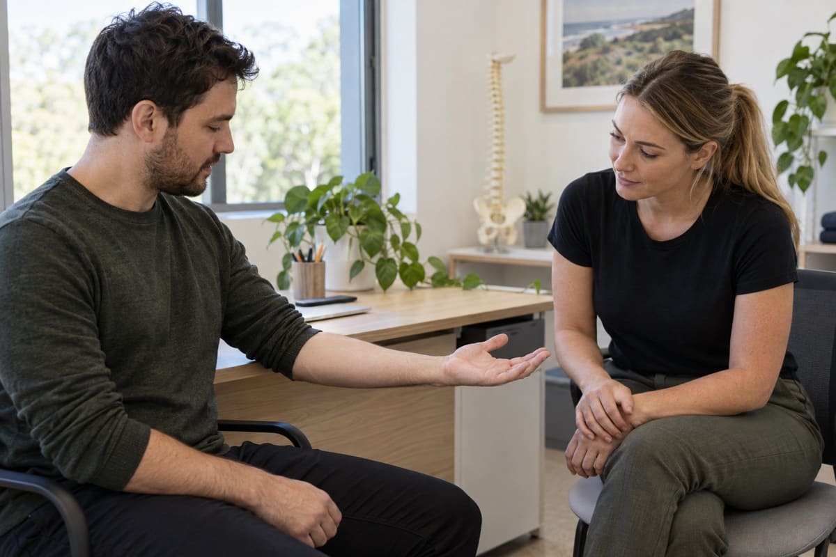 Allied health practitioner observing a seated patient's gentle forearm and wrist movement