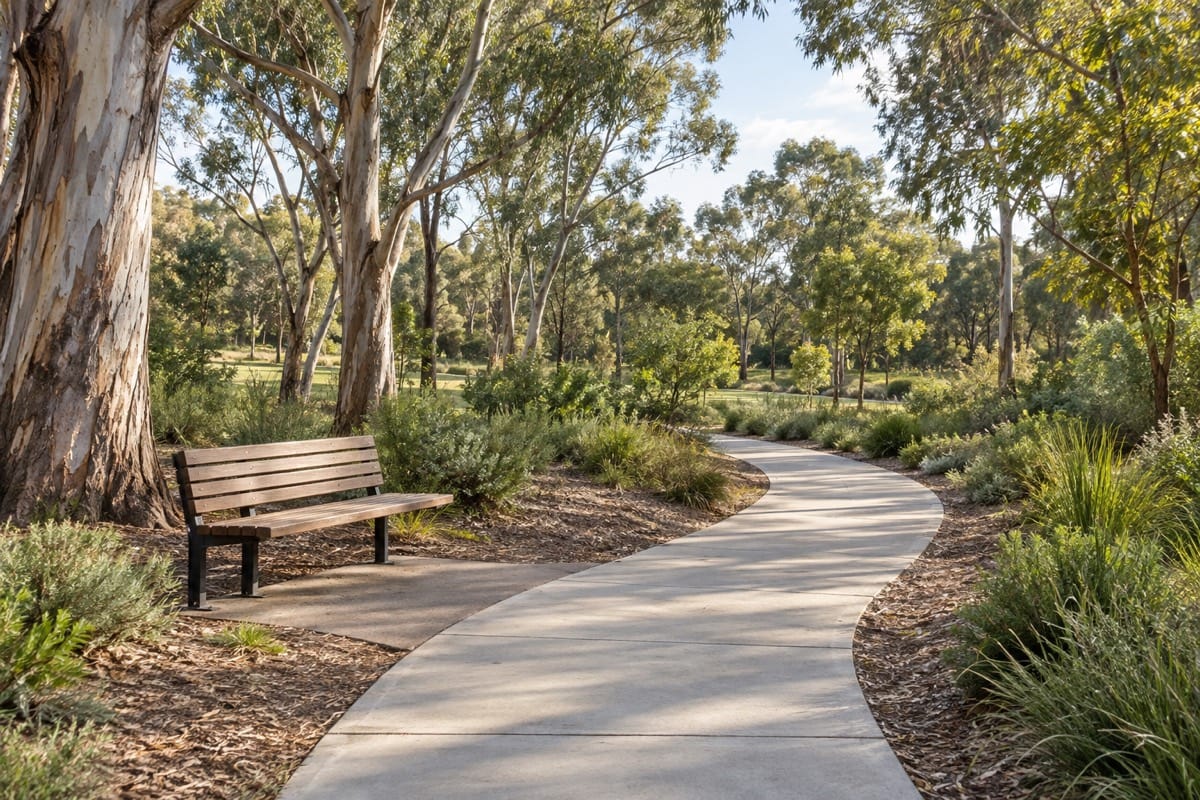 Level concrete path curving past a wooden bench among eucalyptus trees and low planting.