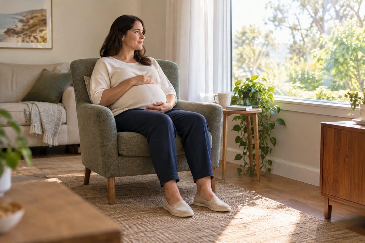 Pregnant woman seated in an armchair beside a window with both feet on the floor.