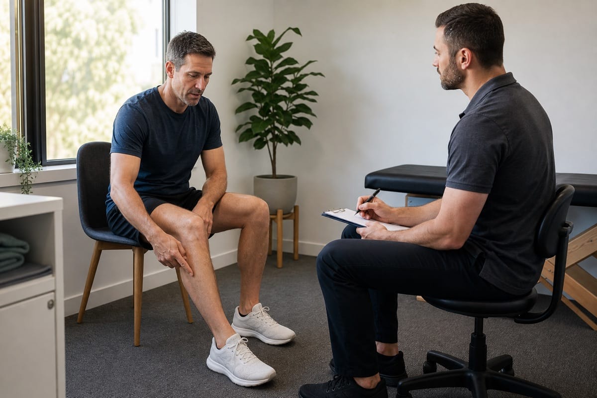 Patient pointing to his lower calf while a remedial massage therapist takes notes