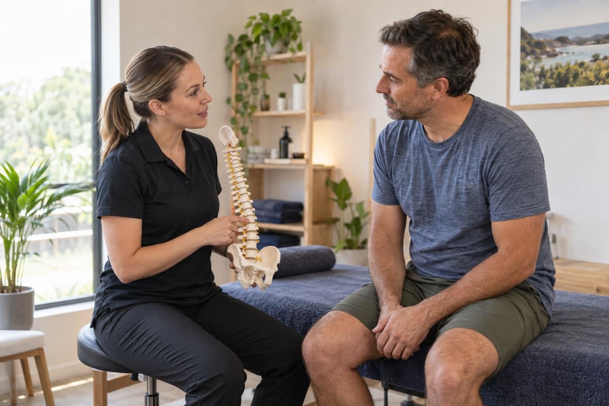 Remedial massage therapist discussing a spine model with a seated client in a treatment room