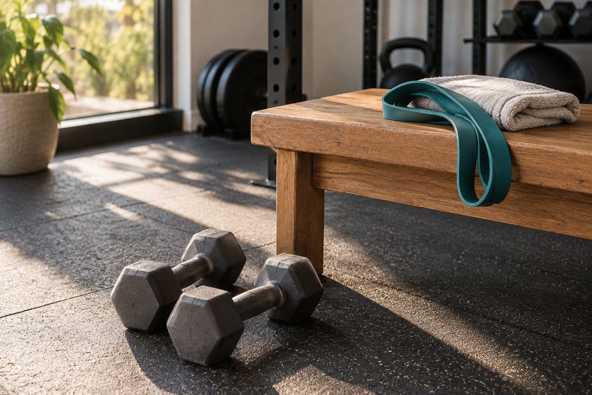 Grey dumbbells beside a wooden bench with a teal resistance band and folded towel.