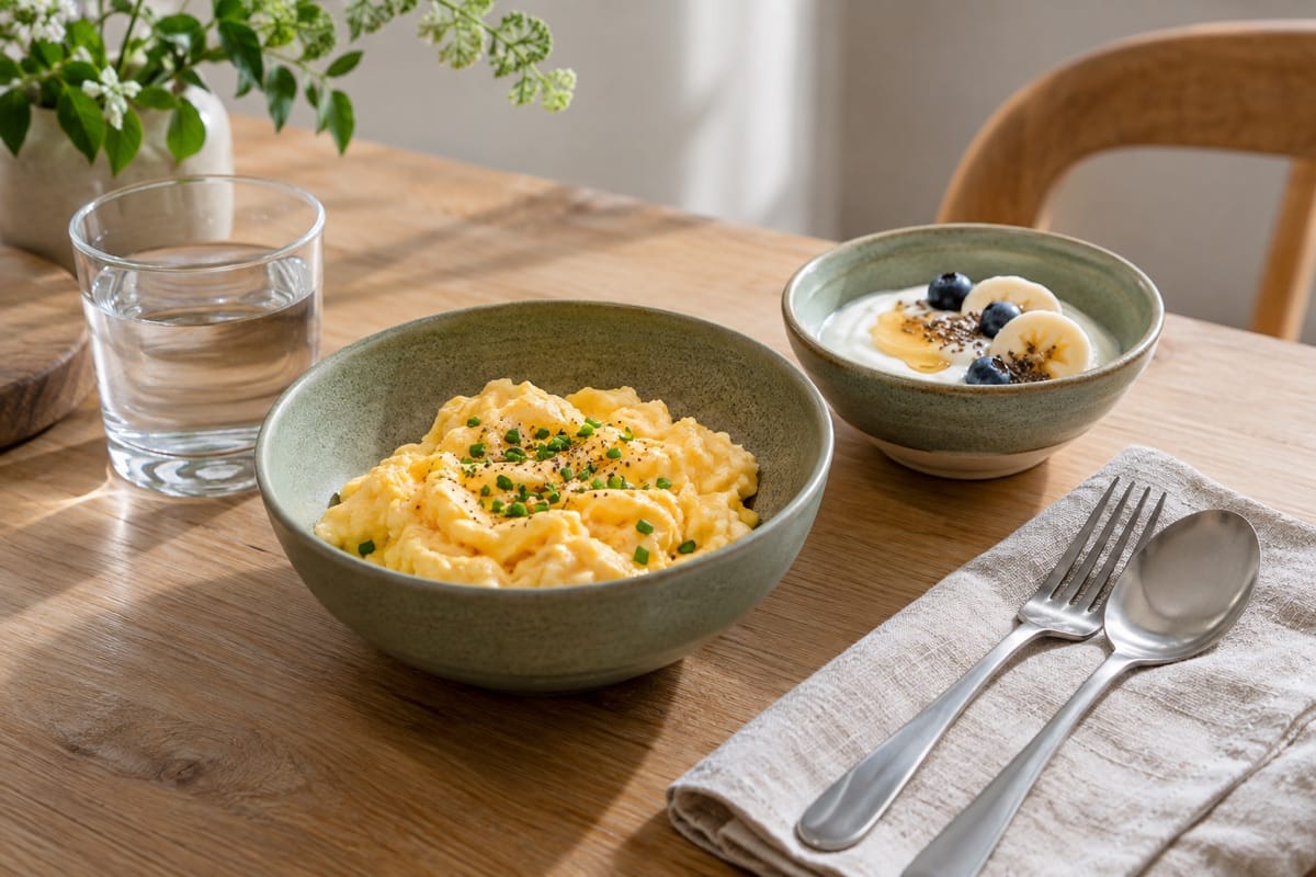 Bowls of scrambled eggs and yoghurt with fruit beside water and cutlery on a wooden table.