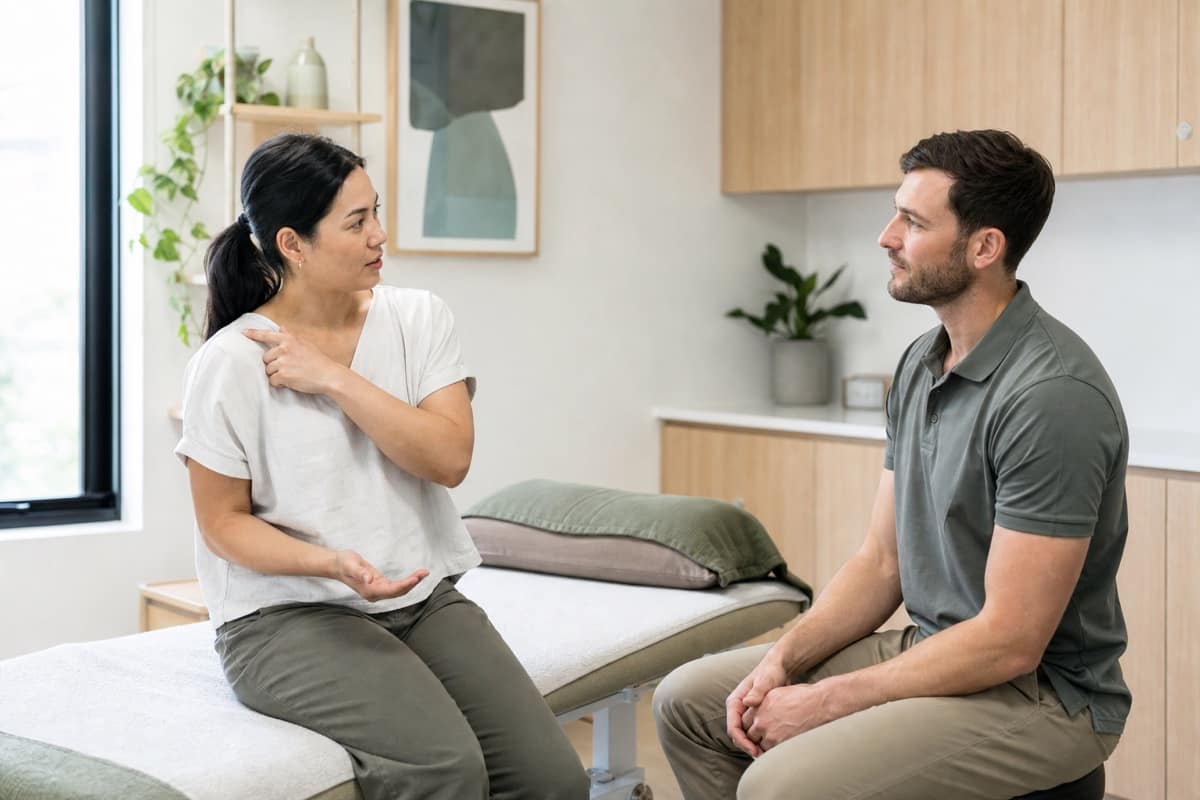 Patient pointing to her shoulder while discussing comfort and treatment preferences with a massage therapist