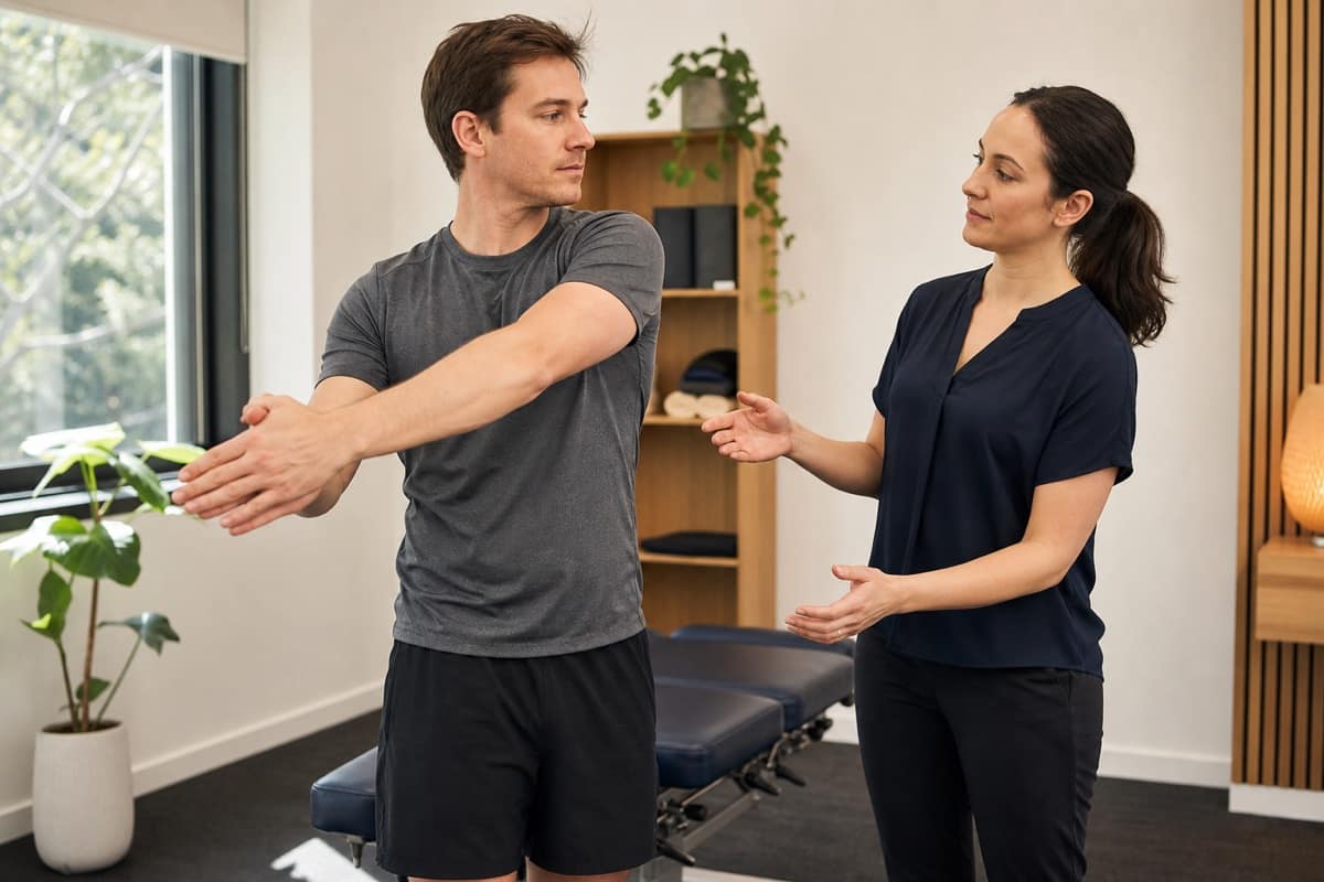 Patient gently turning his upper body while a practitioner observes